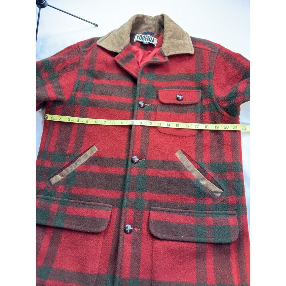 vtg‎ Forenza  Women's  4 Red plaid Wool Coat  80s/90s Wood Buttons Suede Collar - Picture 5 of 16